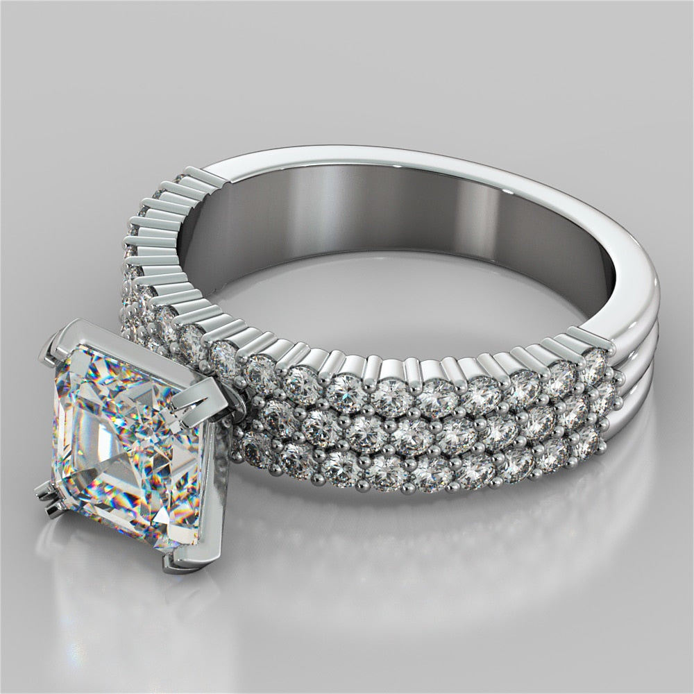 2.0CT Asscher Cut Lab Grown Diamond Three-Row Pavé-Style Engagement Ring