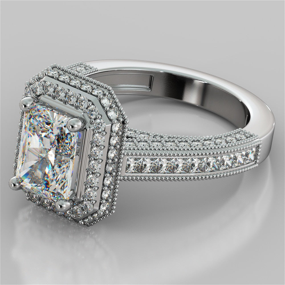 1.5Ct Radiant Cut Lab Grown Diamond Double Tier Halo Engagement Ring