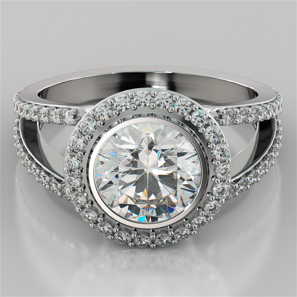2.0CT Round Cut Lab Grown Diamond Split Shank Halo Engagement Ring