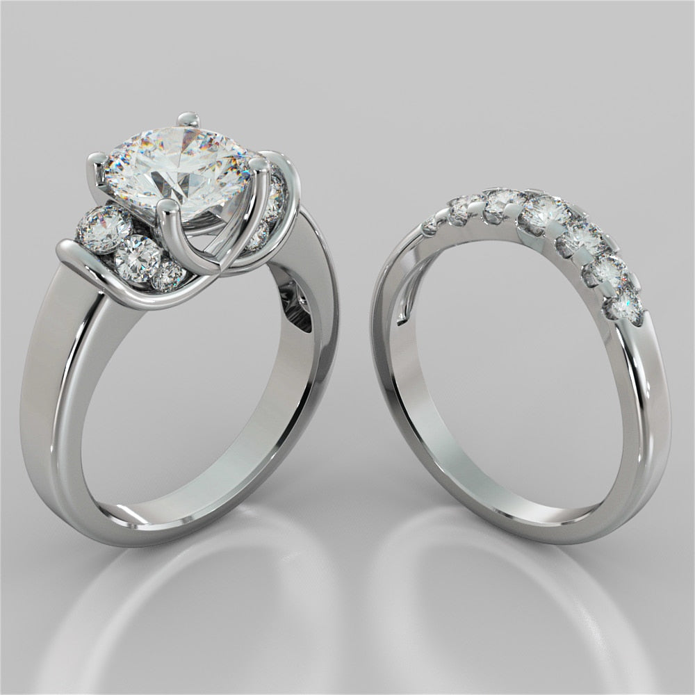 Round Cut Trio Wedding Set With 2 Matching Bands