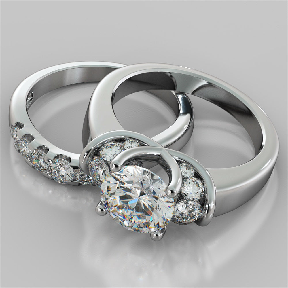 Round Cut Trio Wedding Set With 2 Matching Bands