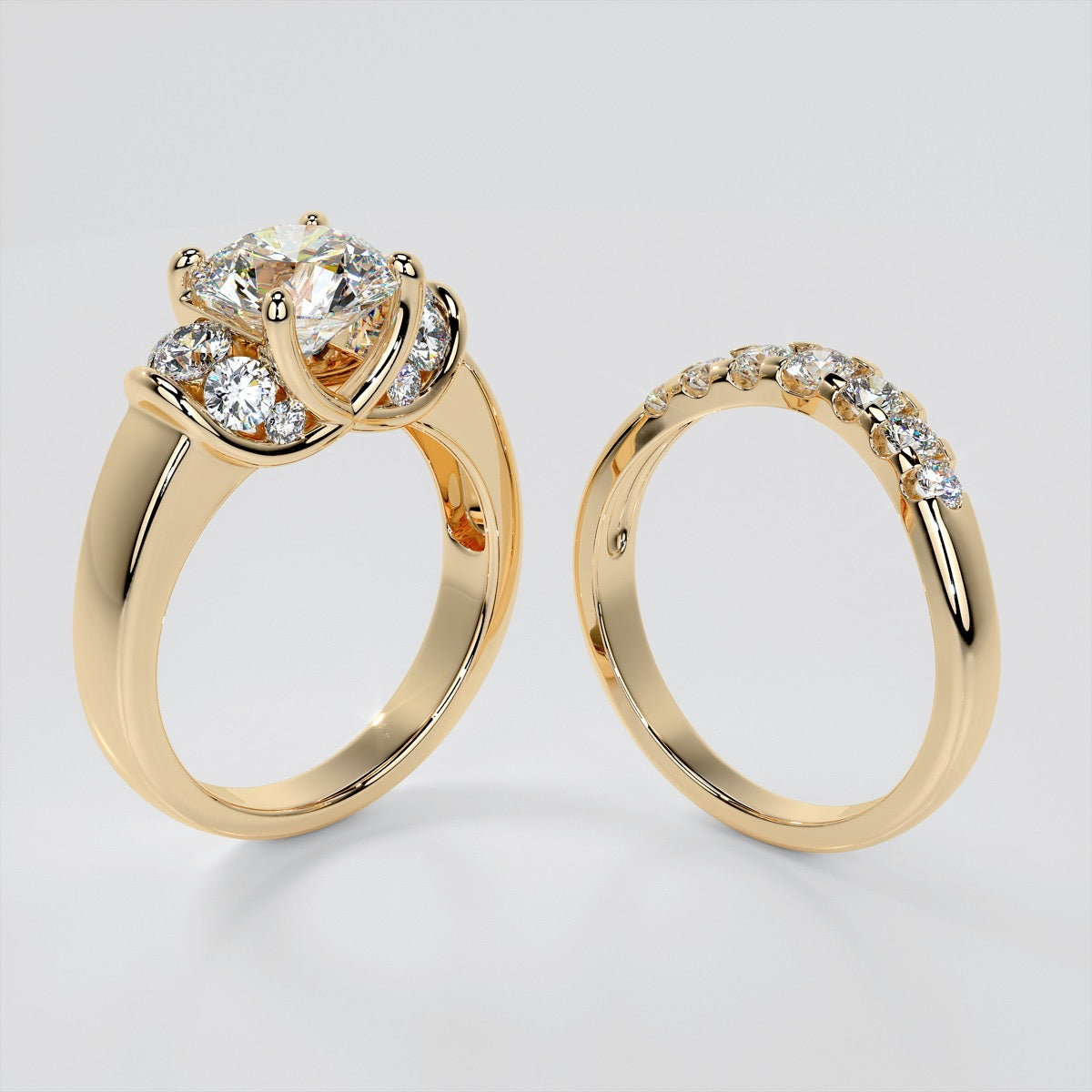 Round Cut Trio Wedding Set With 2 Matching Bands