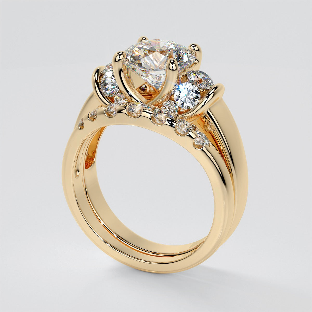 Round Cut Trio Wedding Set With 2 Matching Bands