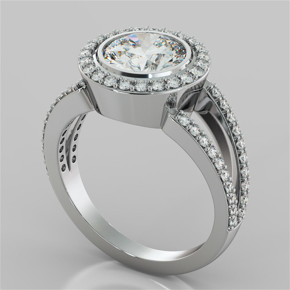 2.0CT Round Cut Lab Grown Diamond Split Shank Halo Engagement Ring