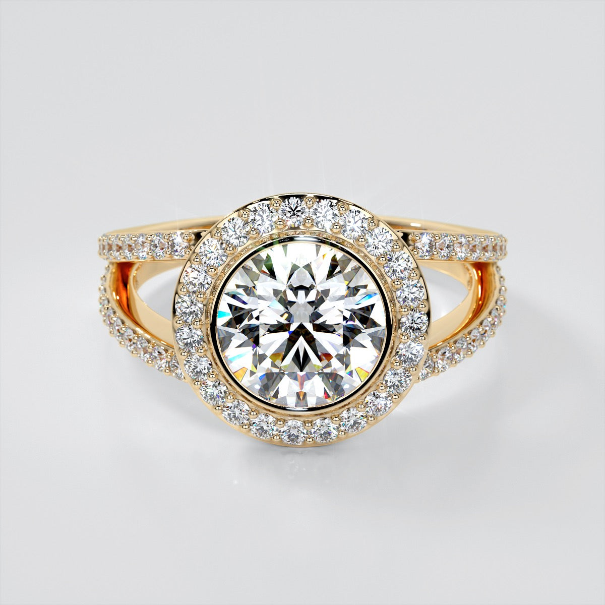 2.0CT Round Cut Lab Grown Diamond Split Shank Halo Engagement Ring