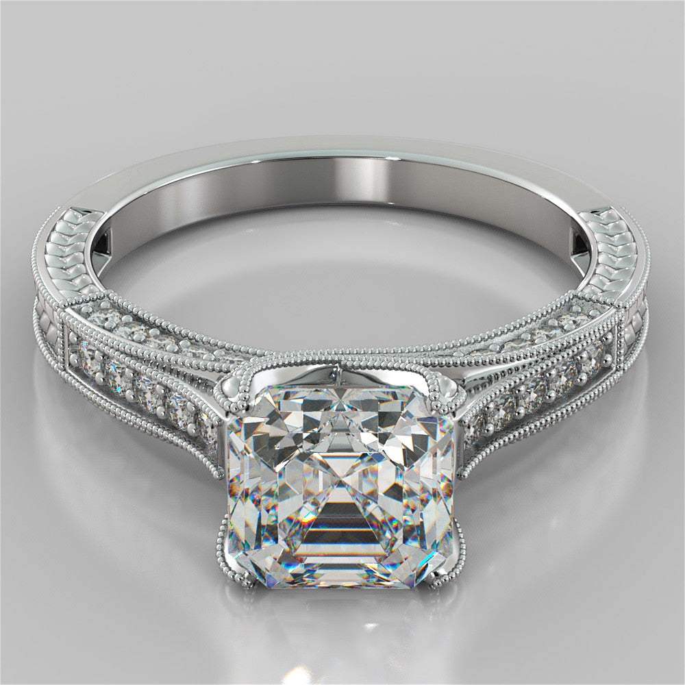 2.50Ct Asscher Cut Vintage-Style Engagement Ring in 14K White Gold