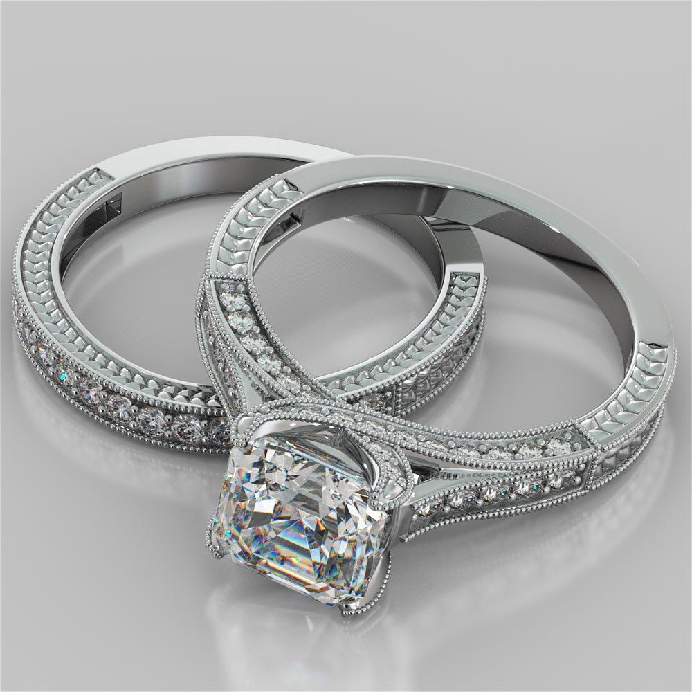2.75Ct Asscher Cut Vintage-Style Wedding Set in 14K White Gold