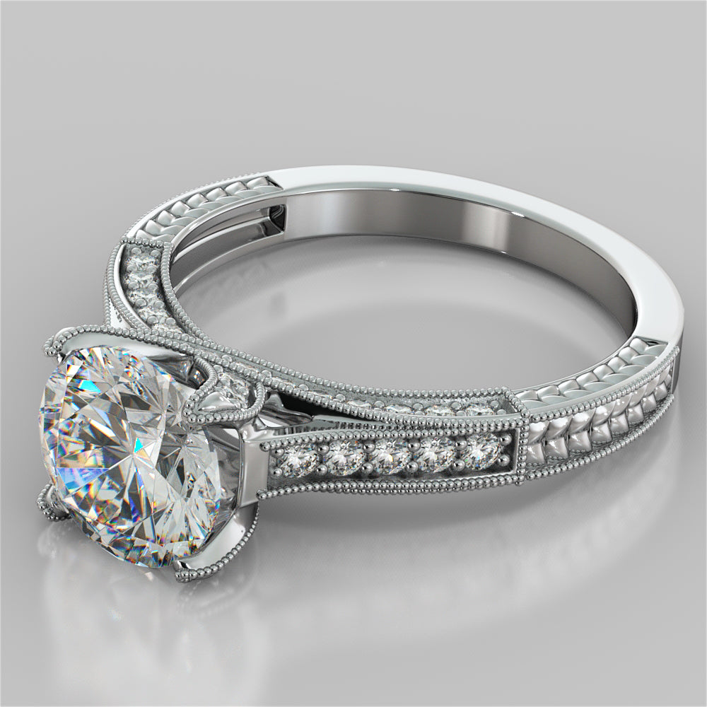 2.50Ct Antique-Style Round Cut Engagement Ring in 14K White Gold- Same Day Shipping