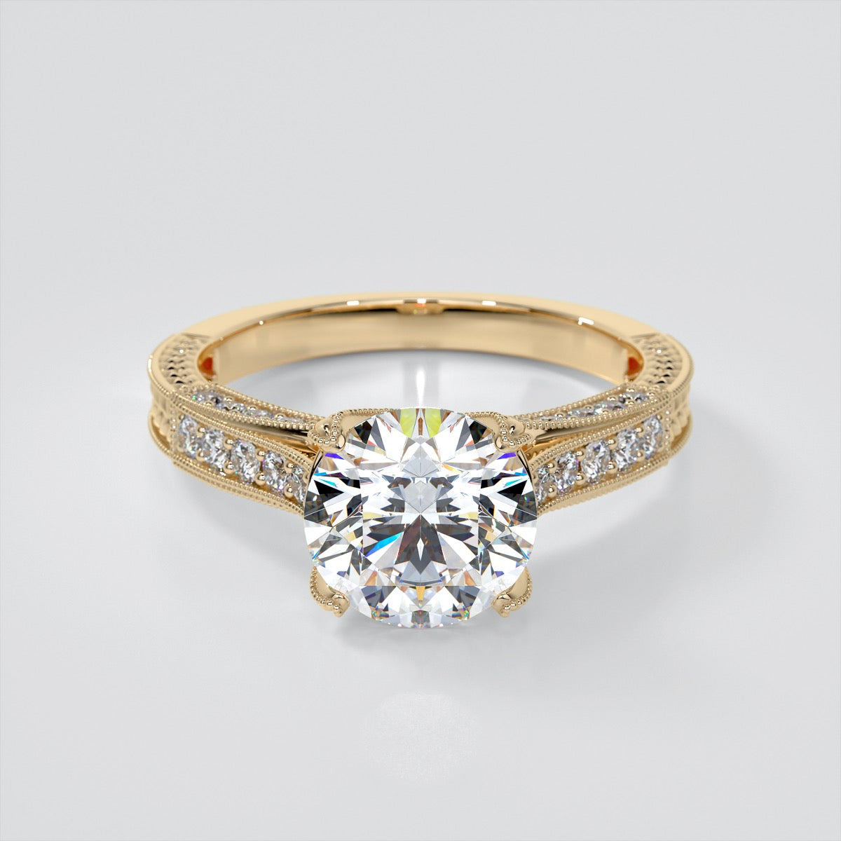 Antique-Style Round Cut Trio Wedding Set With 2 Matching Bands