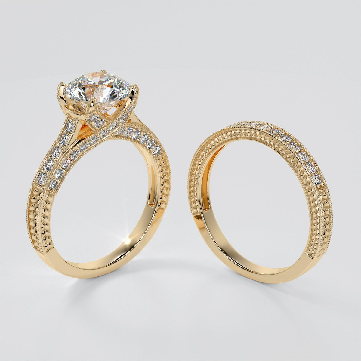 Antique-Style Round Cut Trio Wedding Set With 2 Matching Bands