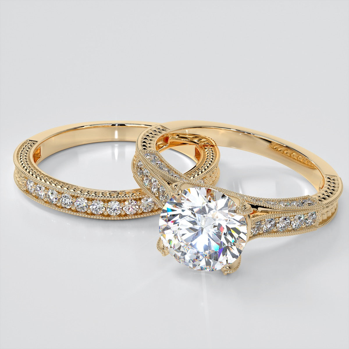 Antique-Style Round Cut Trio Wedding Set With 2 Matching Bands