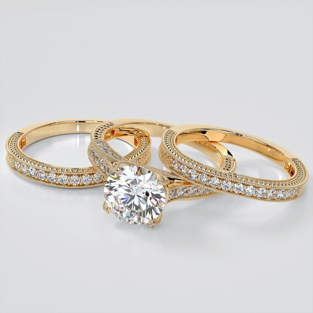 Antique-Style Round Cut Trio Wedding Set With 2 Matching Bands