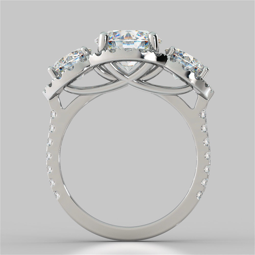 2.0Ct Round Cut Lab Grown Diamond Three-Stone Trellis Engagement Ring with Accents