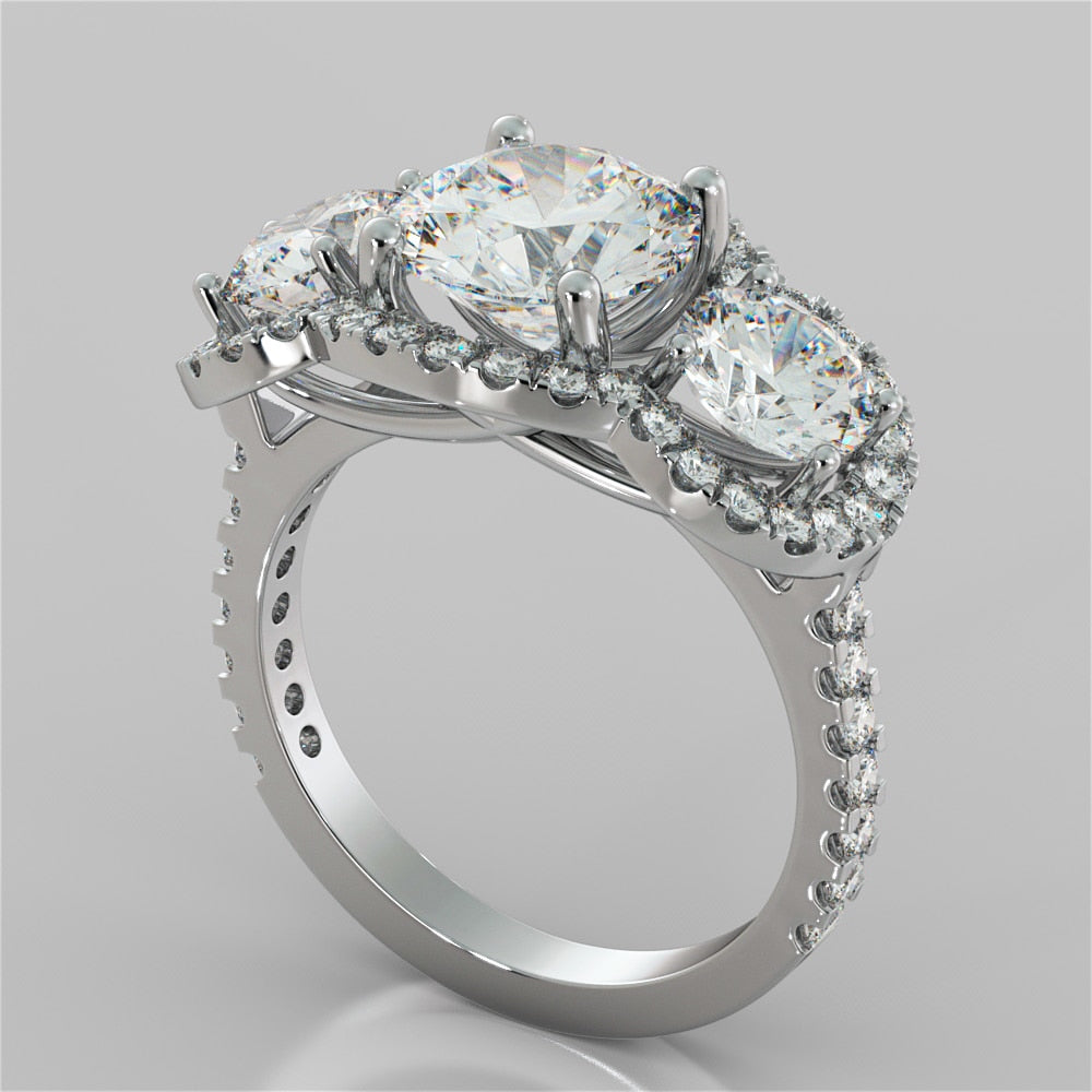 2.0Ct Round Cut Lab Grown Diamond Three-Stone Trellis Engagement Ring with Accents