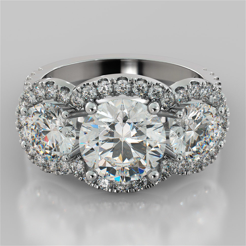 2.0Ct Round Cut Lab Grown Diamond Three-Stone Trellis Engagement Ring with Accents