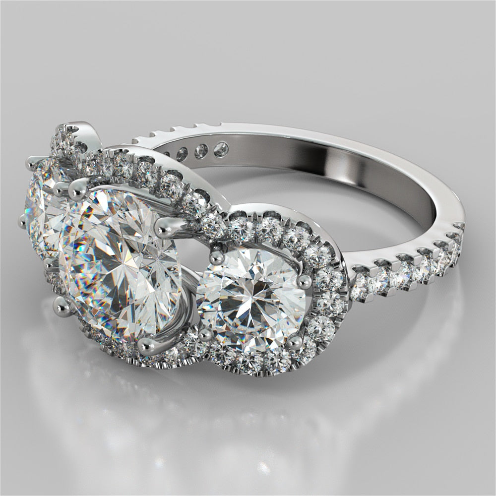 Round Cut Three-Stone Scalloped Trellis Wedding Set