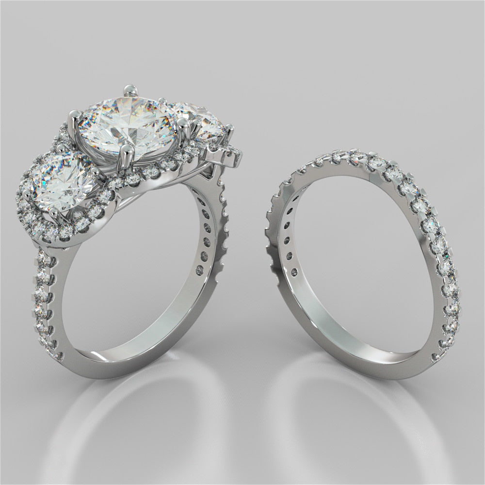 2.0Ct Round Cut Lab Grown Diamond Three-Stone Trellis Engagement Ring with Accents