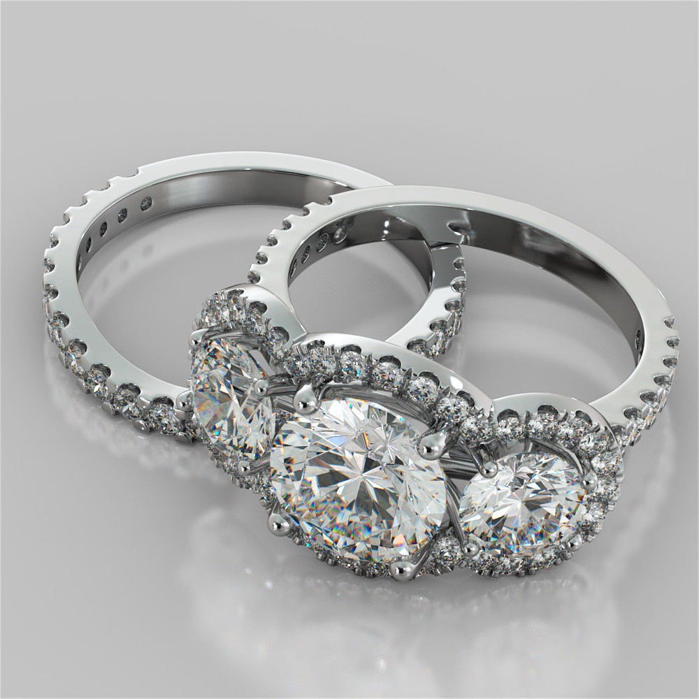 2.0Ct Round Cut Lab Grown Diamond Three-Stone Trellis Engagement Ring with Accents