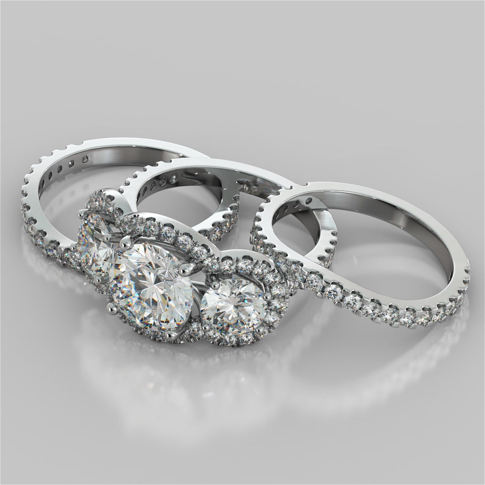 2.0Ct Round Cut Lab Grown Diamond Three-Stone Trellis Engagement Ring with Accents