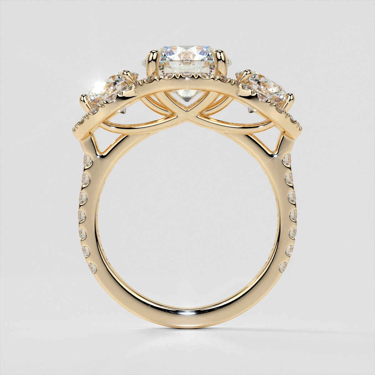 Round Cut Three-Stone Scalloped Trellis Wedding Set