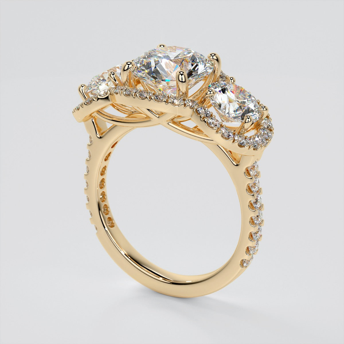 2.0Ct Round Cut Lab Grown Diamond Three-Stone Trellis Engagement Ring with Accents