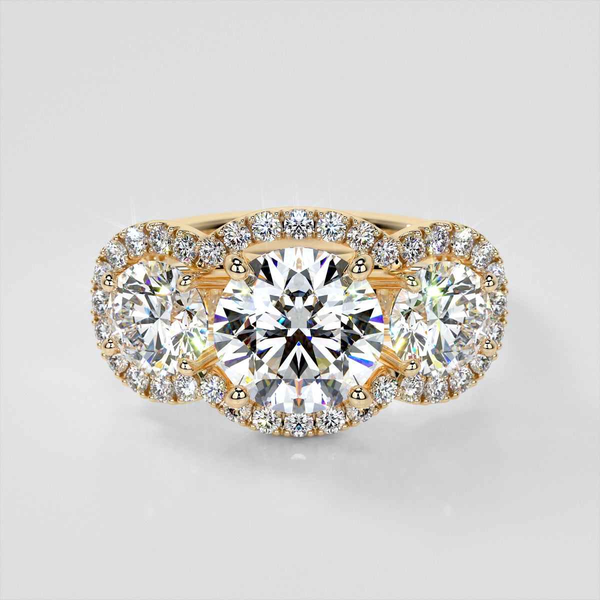 Round Cut Three-Stone Scalloped Trellis Wedding Set