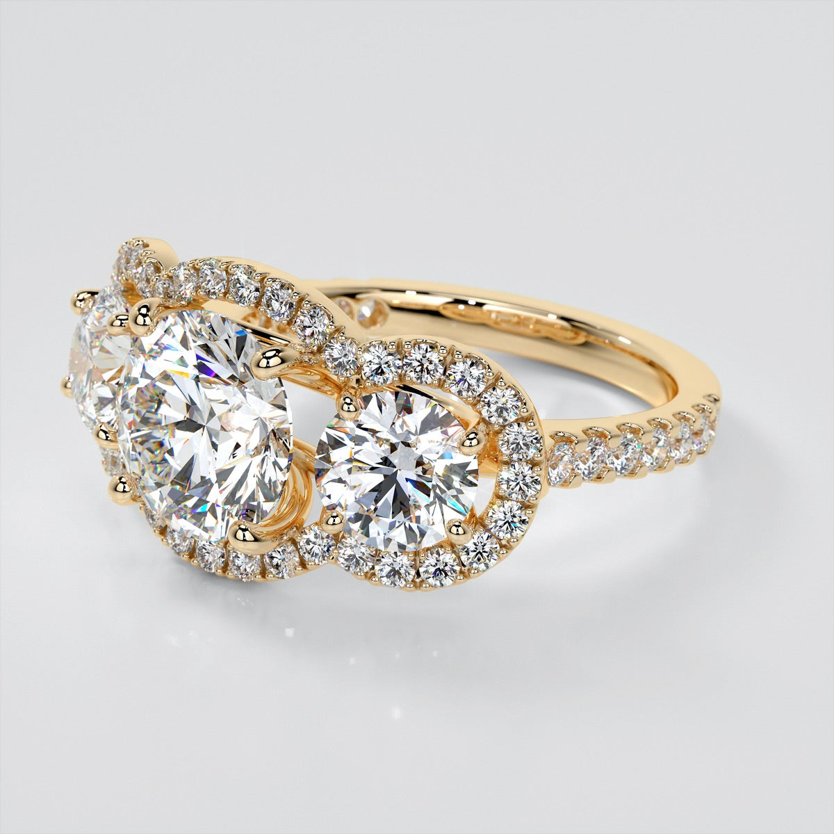 Round Cut Three-Stone Scalloped Trellis Wedding Set