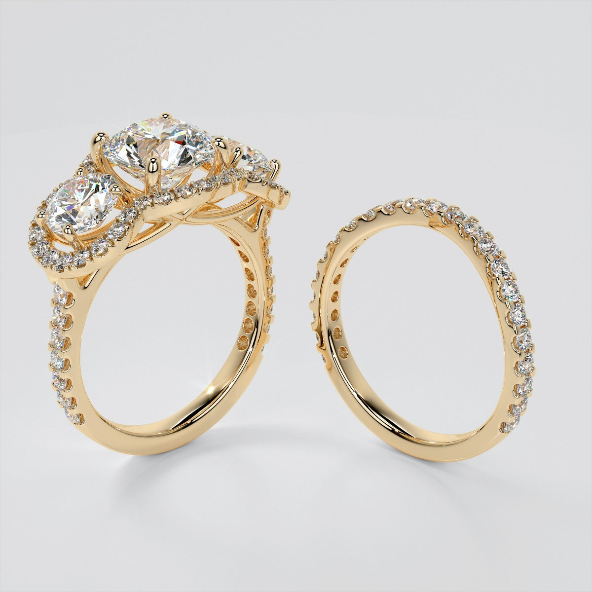 2.0Ct Round Cut Lab Grown Diamond Three-Stone Trellis Engagement Ring with Accents