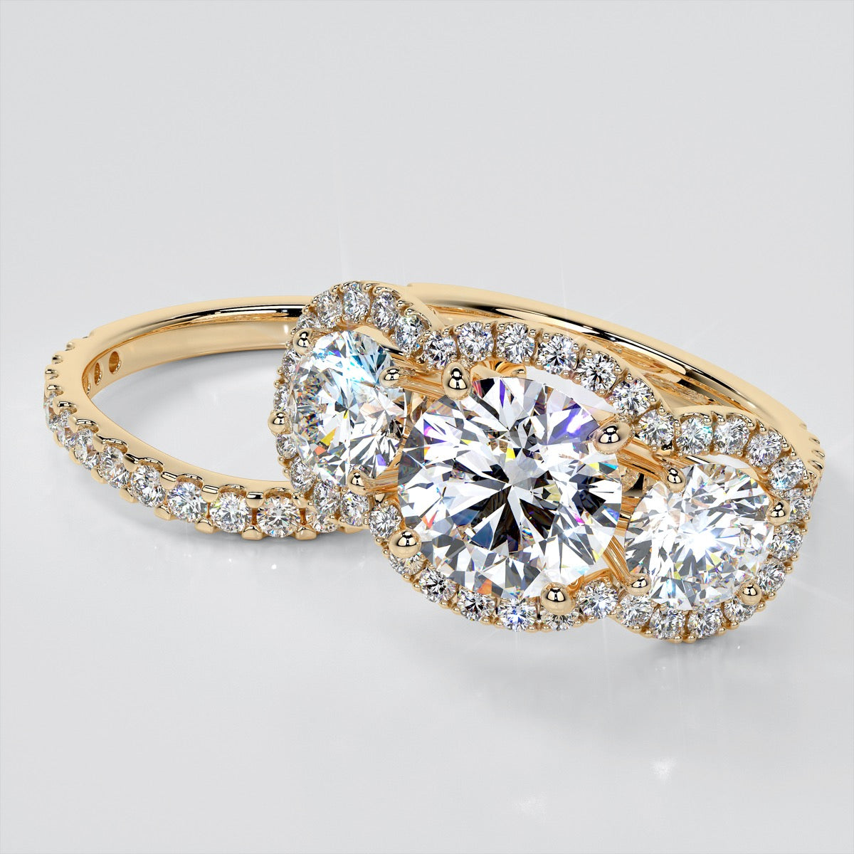 Round Cut Three-Stone Scalloped Trellis Wedding Set