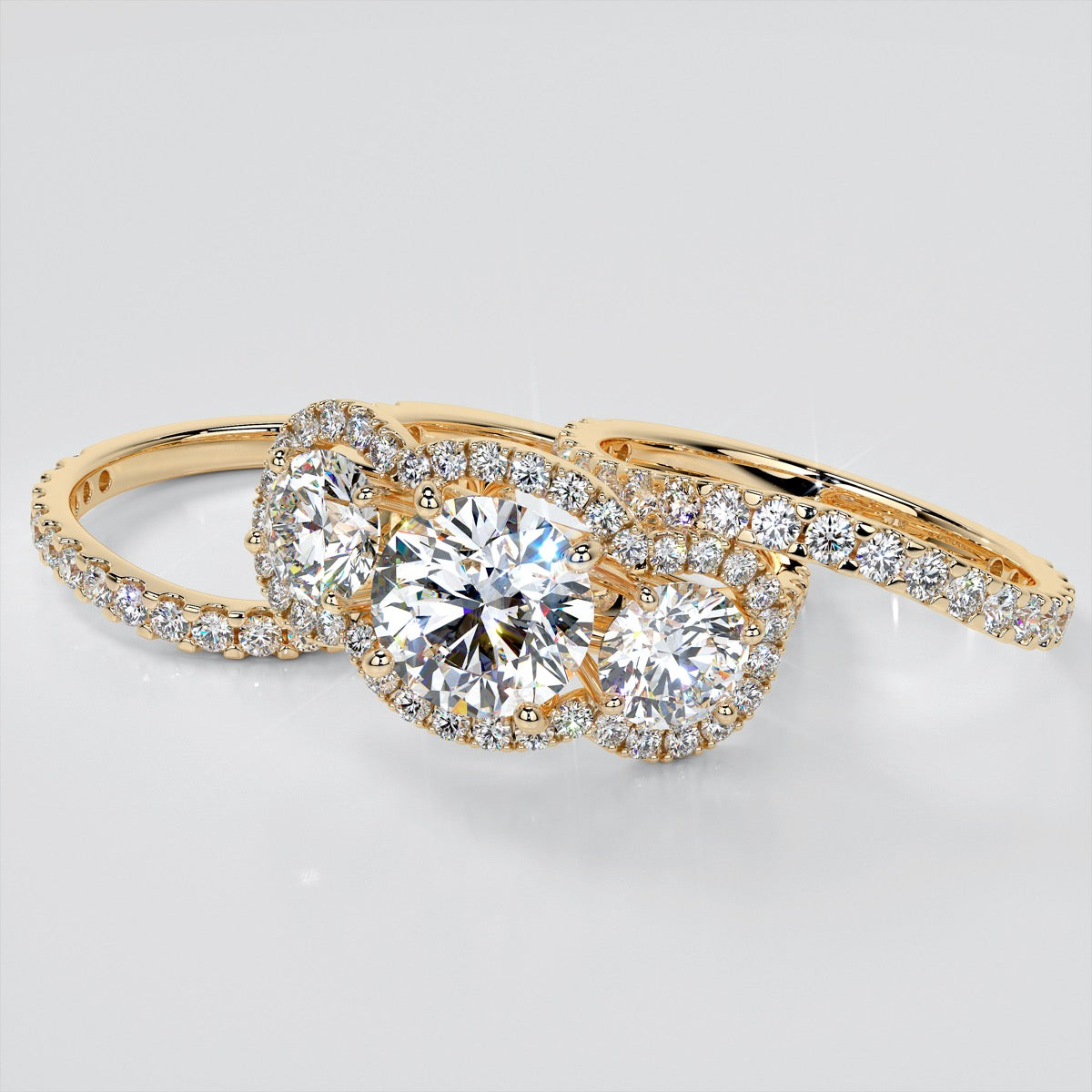 2.0Ct Round Cut Lab Grown Diamond Three-Stone Trellis Engagement Ring with Accents