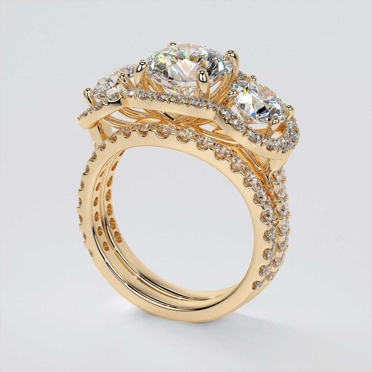 2.0Ct Round Cut Lab Grown Diamond Three-Stone Trellis Engagement Ring with Accents
