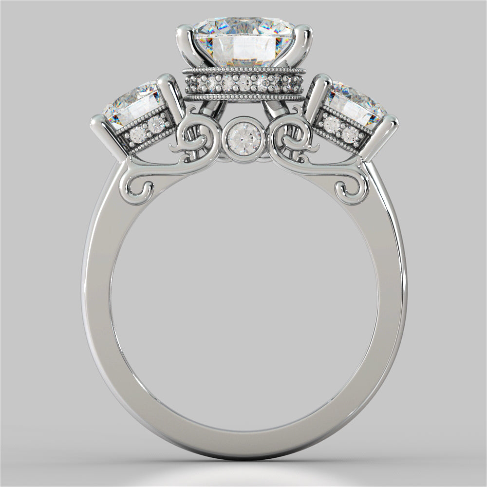 3.16CT Round Cut Three-Stone Filigree Engagement Ring in 14K White Gold