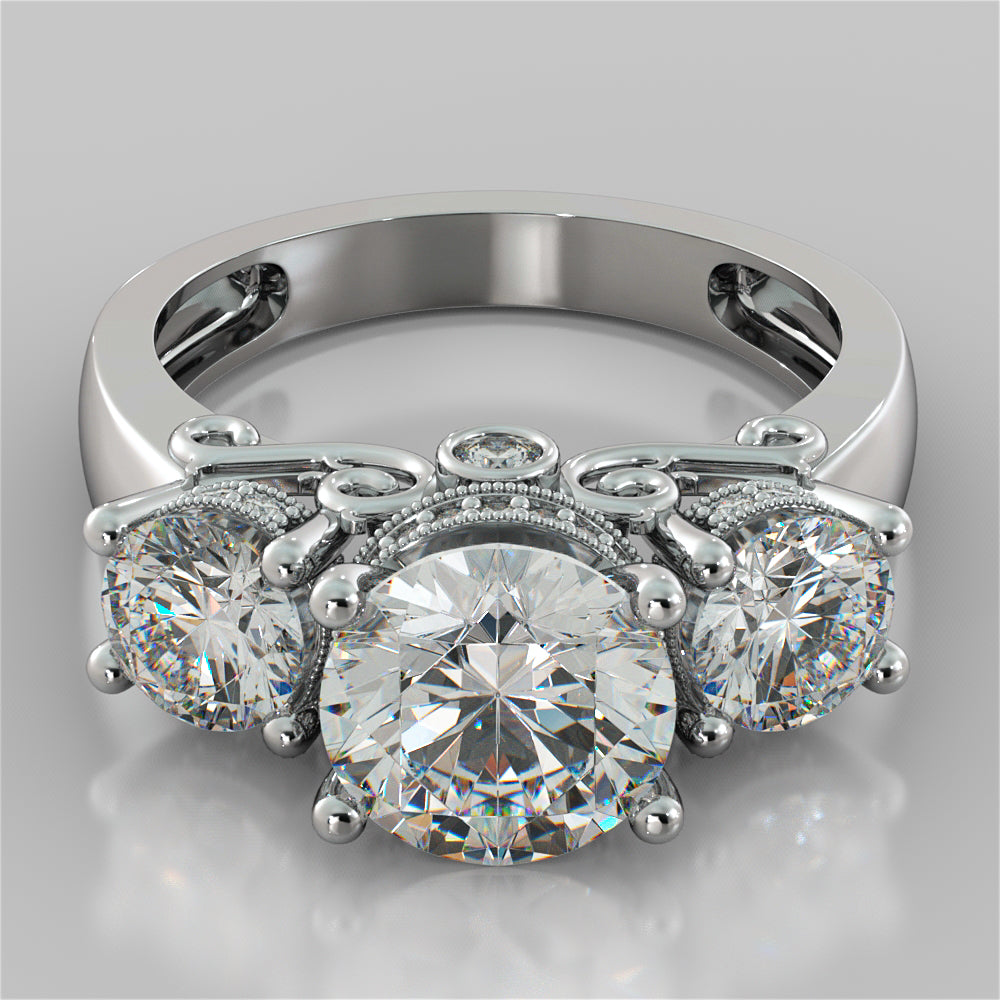 Round Cut Three Stone Filigree Engagement Ring with Crown Accents