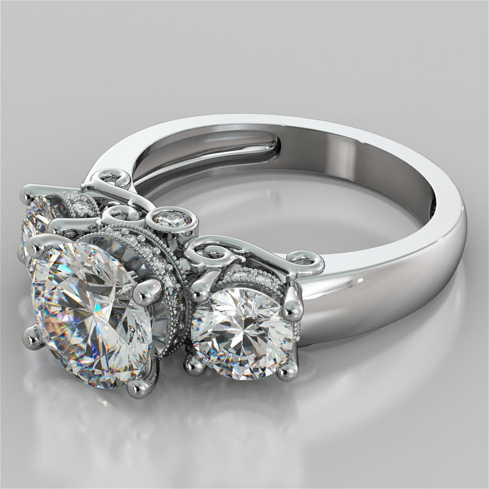 3.54Ct Round Cut Three-Stone Wedding Set with Accents in 14K White Gold