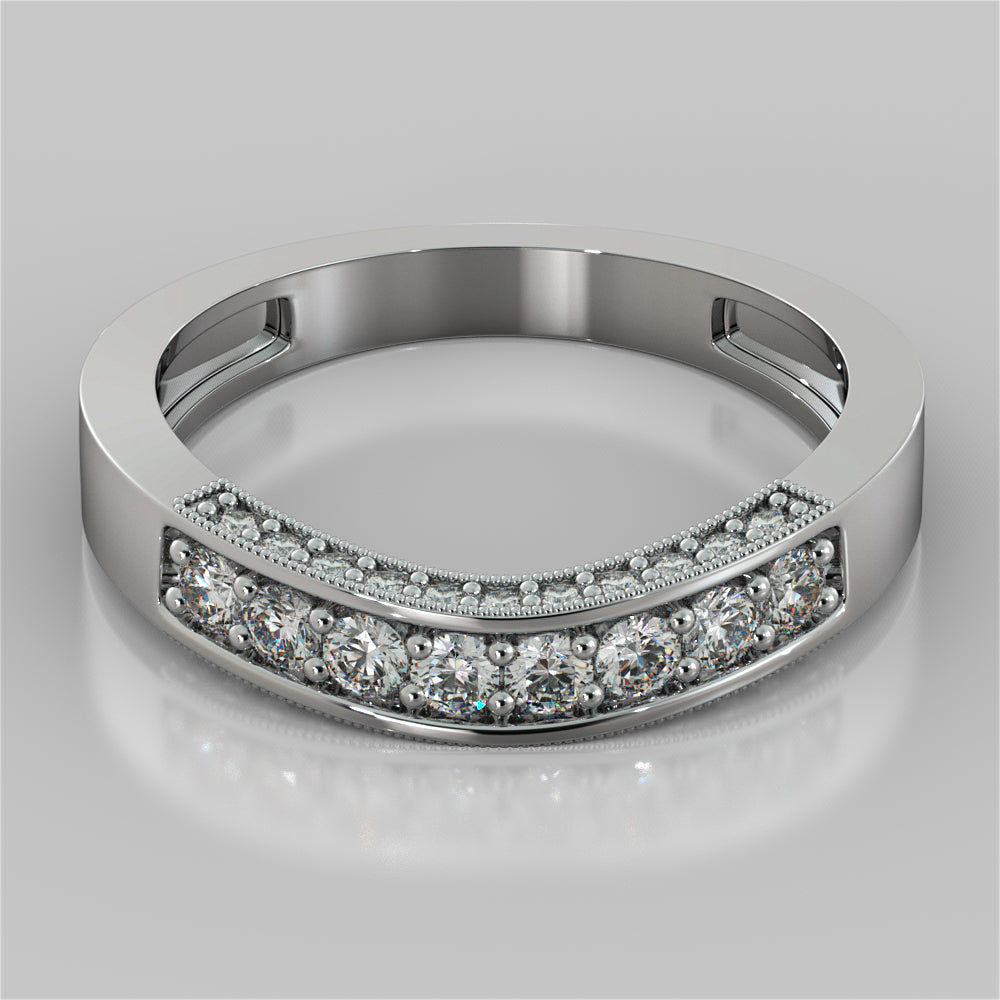 Round Cut Three Stone Filigree Engagement Ring with Crown Accents