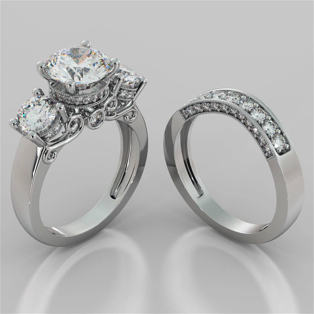 Round Cut Three Stone Filigree Engagement Ring with Crown Accents