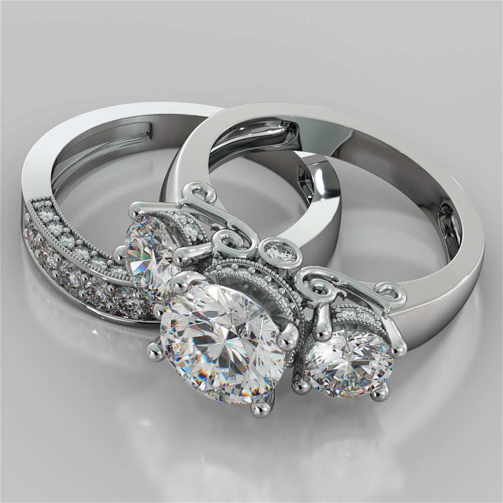 Round Cut Three Stone Filigree Engagement Ring with Crown Accents