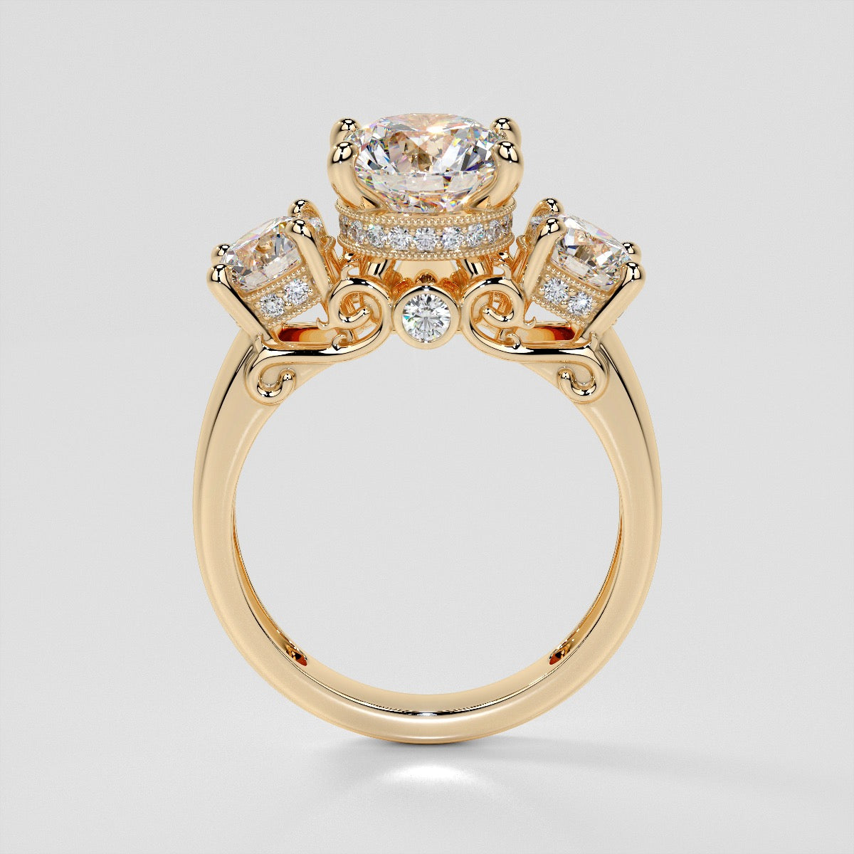 Round Cut Three Stone Filigree Engagement Ring with Crown Accents