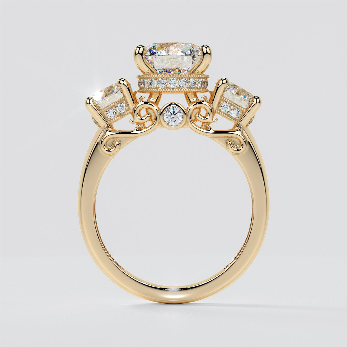 3.16 CTW Round Cut Three-Stone Filigree Engagement Ring set in 14K Yellow Gold