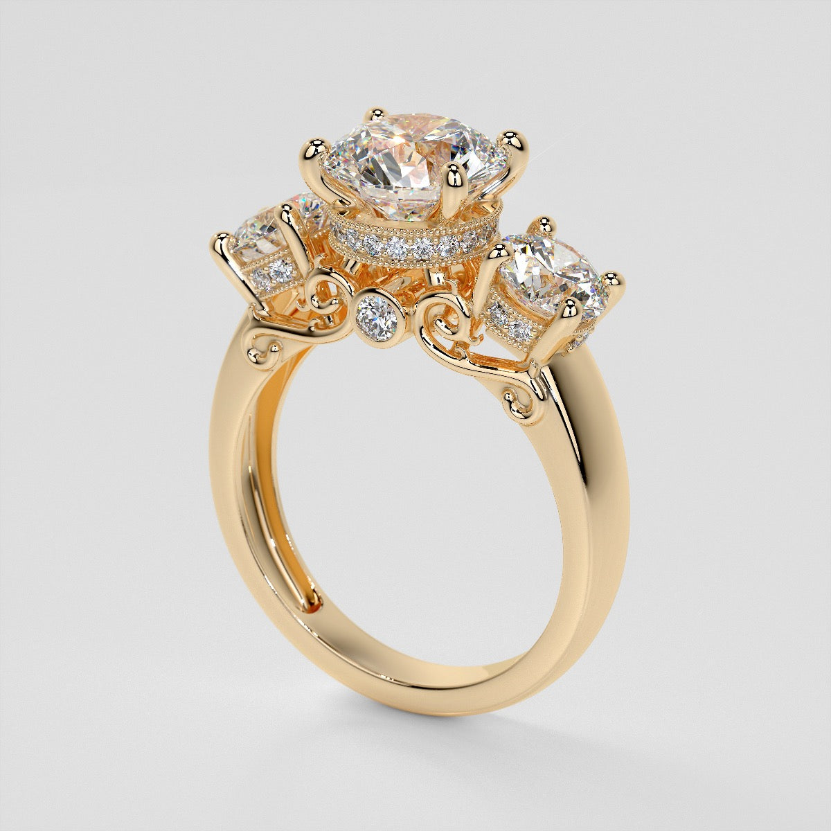 Round Cut Three Stone Filigree Engagement Ring with Crown Accents