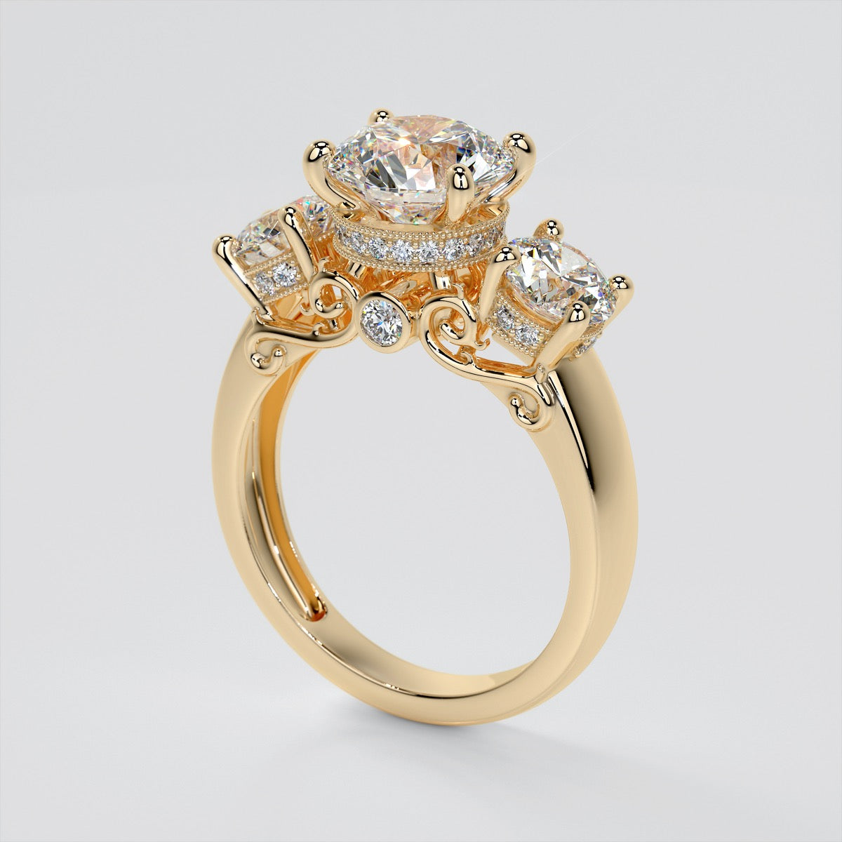 3.16 CTW Round Cut Three-Stone Filigree Engagement Ring set in 14K Yellow Gold