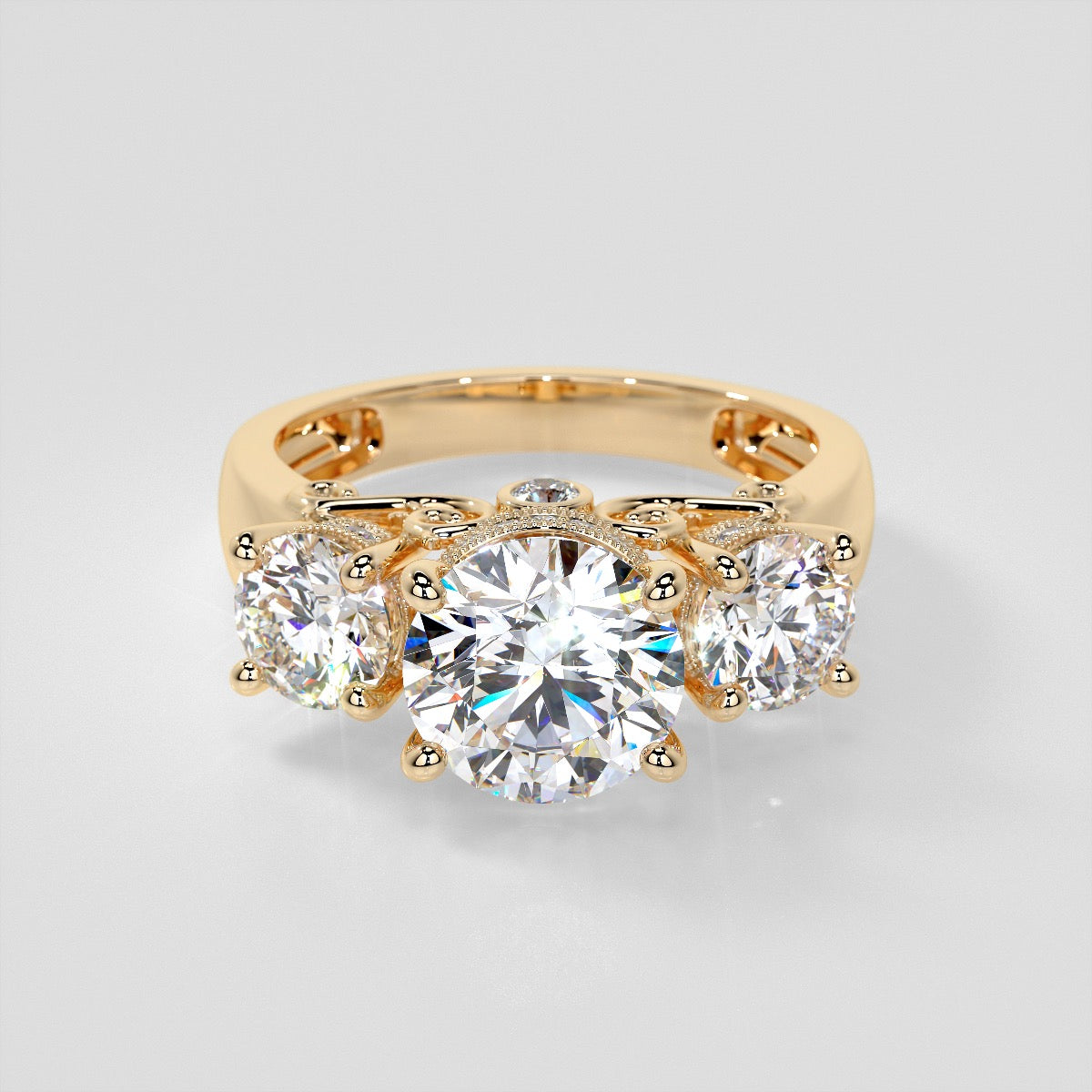Round Cut Three Stone Filigree Engagement Ring with Crown Accents