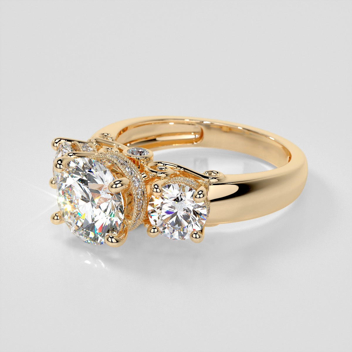 Round Cut Three Stone Filigree Engagement Ring with Crown Accents