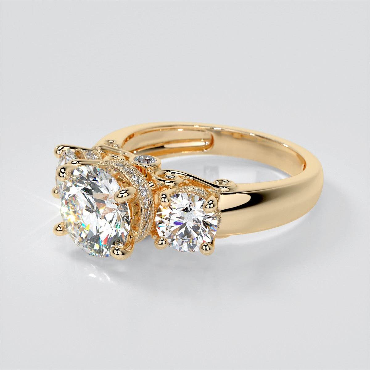 3.16 CTW Round Cut Three-Stone Filigree Engagement Ring set in 14K Yellow Gold