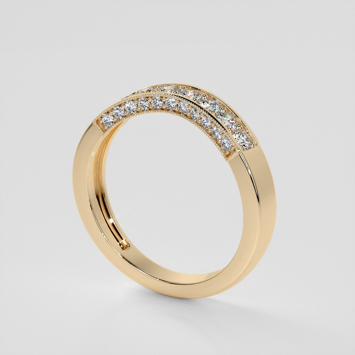 Round Cut Three Stone Filigree Engagement Ring with Crown Accents