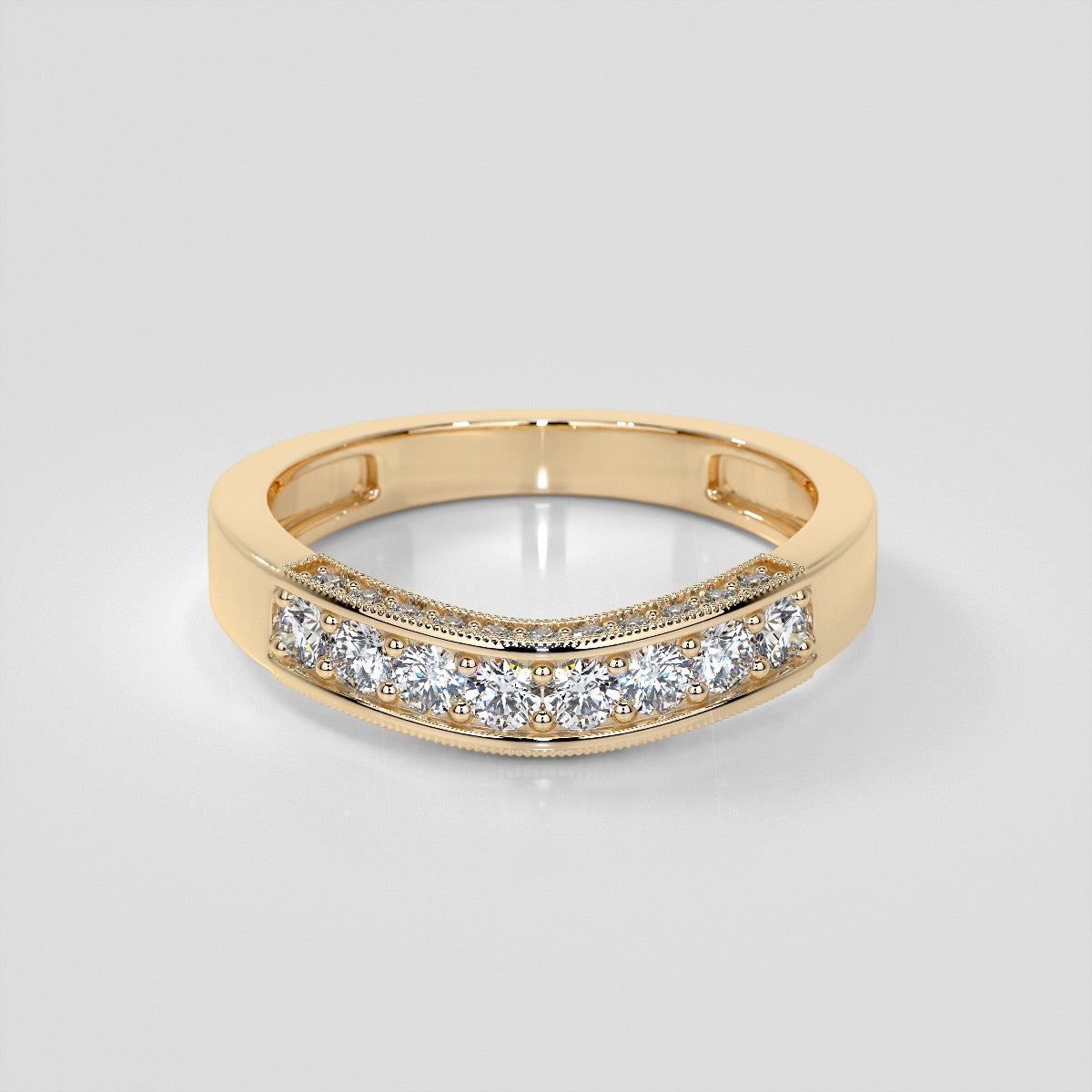 Round Cut Three Stone Filigree Engagement Ring with Crown Accents