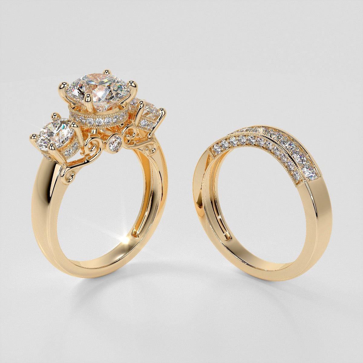 Round Cut Three Stone Filigree Engagement Ring with Crown Accents