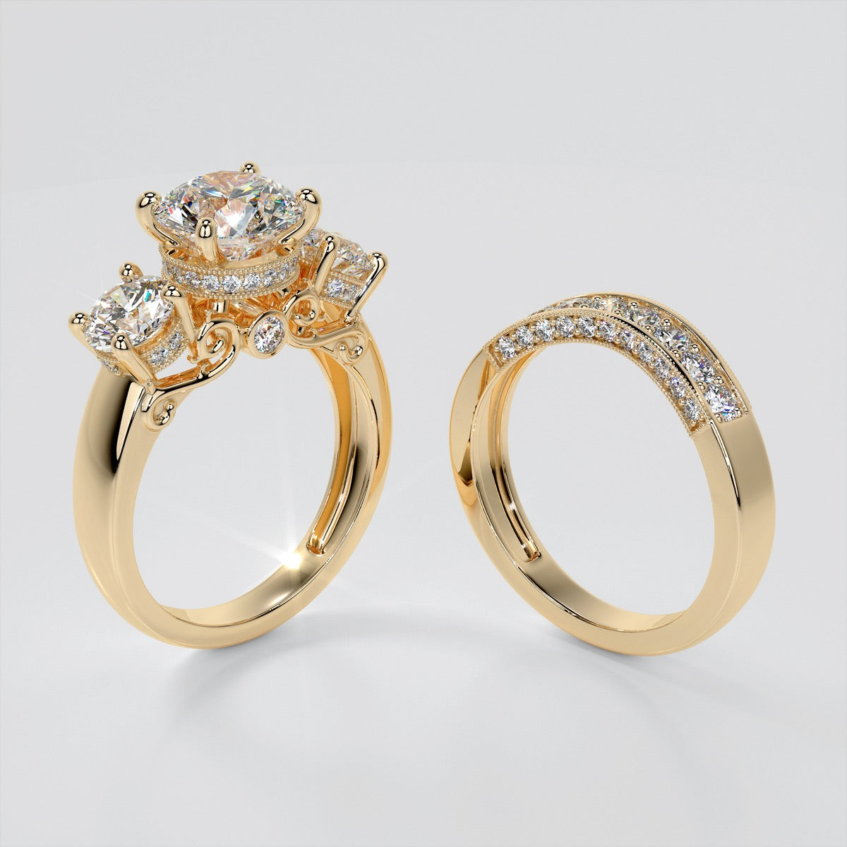 Designer Filigree Style Three-Stone Trio-Wedding Set with Round Accents