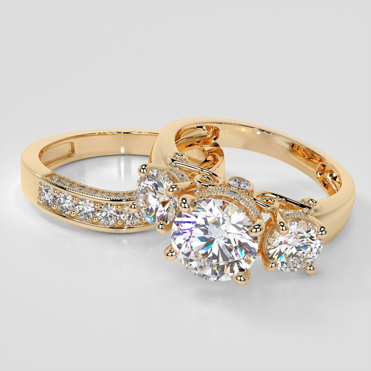 Round Cut Three Stone Filigree Engagement Ring with Crown Accents