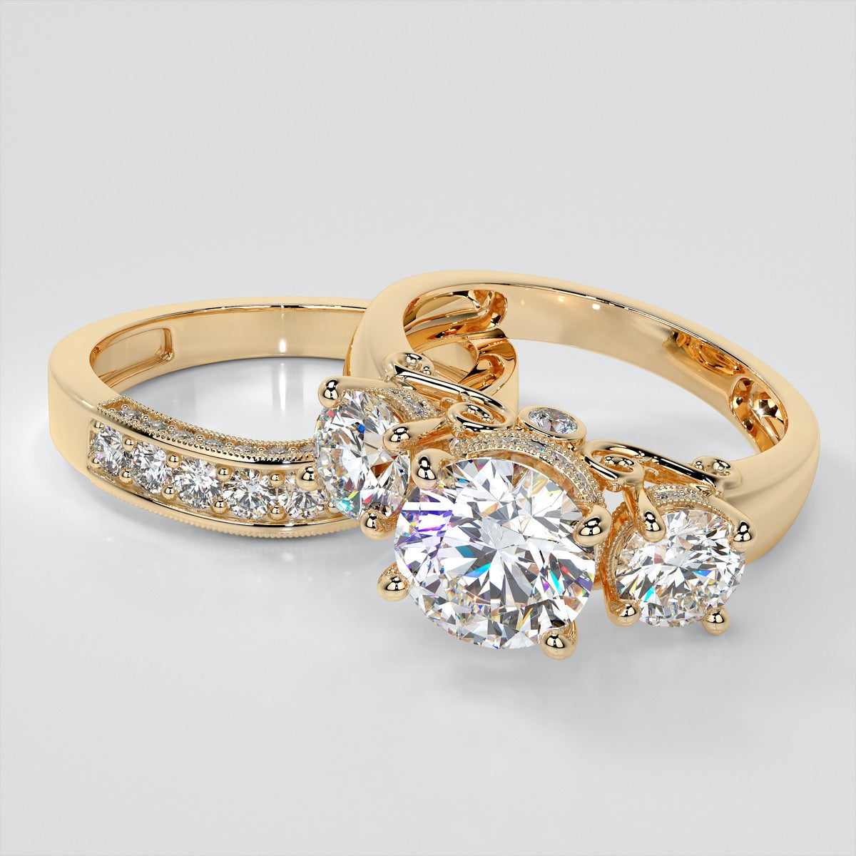3.16CTW Lab Grown Diamond Round Cut Three Stone Filigree Engagement Ring with Crown Accents